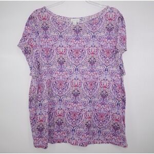 J Jill Love Linen Boxy Top Large Purple Paisley  Short Sleeve 100% Linen Coastal